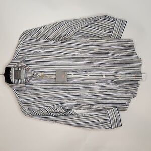 Thomas Dean dress shirt 10/12 NWT! Blue yellow white stripe inner plaid cotton